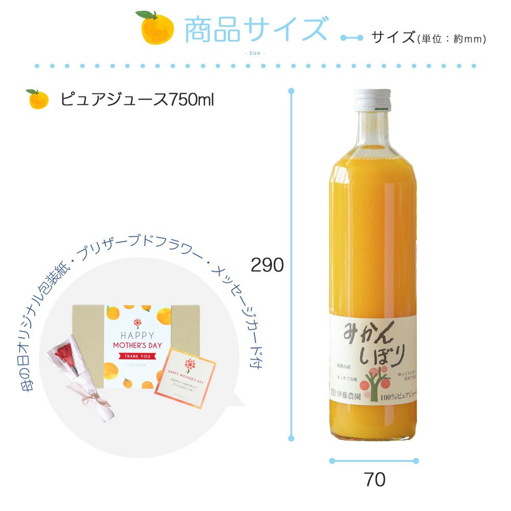 【母の日ギフト2024】100%ピュアジュース750ml (みかんジュース)×1本入(花・ﾒｯｾｰｼﾞｶｰﾄﾞ付)