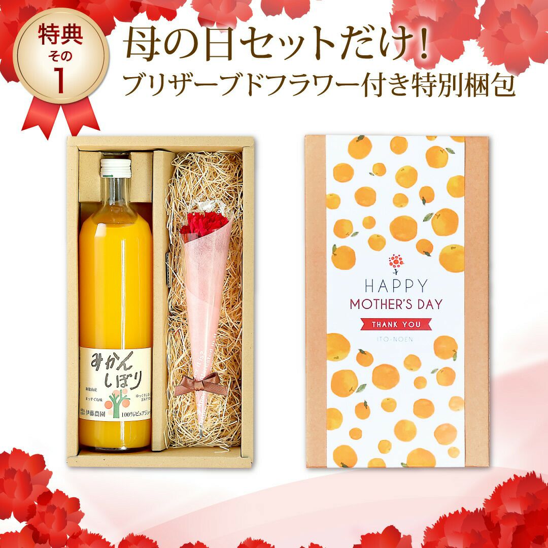 【母の日ギフト2024】100%ピュアジュース750ml (みかんジュース)×1本入(花・ﾒｯｾｰｼﾞｶｰﾄﾞ付)