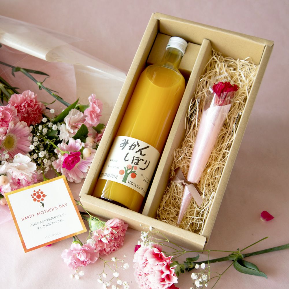 【母の日ギフト2024】100%ピュアジュース750ml (みかんジュース)×1本入(花・ﾒｯｾｰｼﾞｶｰﾄﾞ付)